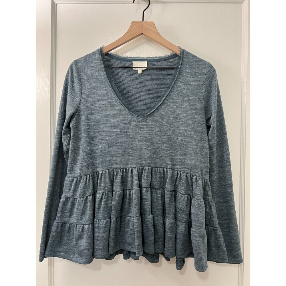 Anthropologie Deletta Thea Tiered Ruffle Peplum Top Long Sleeve Blue Women's XS